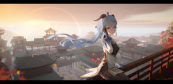 Rule 34 | 1girl, absurdres, adjusting hair, ahoge, ame999, architecture, backlighting, black bodysuit, black gloves, blue hair, blurry, blurry foreground, bodysuit, breasts, building, chinese commentary, commentary request, cowboy shot, detached sleeves, east asian architecture, ganyu (genshin impact), genshin impact, gloves, goat horns, gold trim, hand up, highres, horns, lens flare, letterboxed, light blue hair, long hair, looking at viewer, medium breasts, orange sky, outdoors, ponytail, purple eyes, railing, scenery, sidelocks, sitting, sky, smile, solo, sun, sunset, tree, white sleeves
