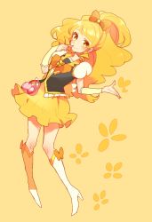 Rule 34 | 10s, 1girl, bad id, bad pixiv id, blonde hair, boots, bow, brooch, cure honey, hair bow, happinesscharge precure!, hayashi (kanzume), heart, heart brooch, long hair, looking at viewer, magical girl, oomori yuuko, precure, skirt, smile, solo, wide ponytail, yellow background, yellow eyes