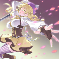 Rule 34 | 1girl, beret, blonde hair, blush, boots, breasts, cherry blossoms, detached sleeves, drill hair, fingerless gloves, foreshortening, gloves, gun, hair ornament, hairpin, hat, highres, kousaki rui, large breasts, long hair, magical musket, mahou shoujo madoka magica, mahou shoujo madoka magica (anime), outstretched arm, outstretched hand, petals, pleated skirt, puffy sleeves, revision, rifle, skirt, solo, striped clothes, striped thighhighs, tears, thighhighs, tomoe mami, twin drills, twintails, vertical-striped clothes, vertical-striped thighhighs, weapon, yellow eyes, zettai ryouiki