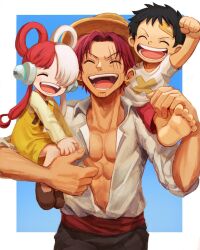 Rule 34 | 1girl, 2boys, abs, age difference, aged down, bandaid, bandaid on face, black hair, black ribbon, carrying, closed eyes, facial hair, father and daughter, hair over one eye, hair rings, happy, hat, headphones, highres, long hair, low twintails, monkey d. luffy, multicolored hair, multiple boys, oekakiboya, one eye covered, one piece, one piece film: red, open clothes, open mouth, red hair, red sash, ribbon, sash, scar, scar across eye, scar on face, shanks (one piece), shirt, short hair, simple background, smile, standing, straw hat, twintails, two-tone hair, uta (one piece), white shirt