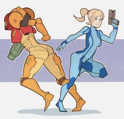 Rule 34 | 1girl, armor, ass, blonde hair, blue bodysuit, blue eyes, bodysuit, breasts, cannon, covered navel, dual persona, finger on trigger, flat color, from side, full body, gun, highres, metroid, metroid: other m, mole, mole under mouth, nintendo, outline, outside border, ponytail, power armor, samus aran, shiny clothes, simple background, skin tight, smile, splashbrush, star (sky), swept bangs, varia suit, weapon, white background, zero suit