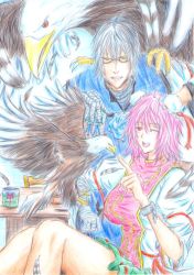Rule 34 | 1boy, 1girl, ahoge, alternate costume, animal, bandages, bird, chair, chinese clothes, colored pencil (medium), cup, double bun, eagle, esparda, feathers, flower, glasses, ibaraki kasen, long sleeves, mini-hakkero, morichika rinnosuke, open mouth, pink hair, puffy sleeves, red eyes, rose, short hair, short sleeves, table, touhou, traditional media, white hair, wide sleeves, wink, yellow eyes, you (esparda)