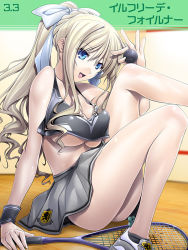 Rule 34 | 1girl, ball, beta (muv-luv), blonde hair, blue eyes, blush, breasts, cleavage, ilfriede von feulner, large breasts, leg up, legs, long hair, long legs, looking at viewer, miniskirt, multiple girls, muv-luv, muv-luv alternative, official art, open mouth, pleated skirt, ponytail, racket, ribbon, shoes, sitting, skirt, smile, sneakers, socks, solo, soyosoyo, sportswear, tank top, tennis ball, tennis racket, tennis uniform, the euro front, thighs, underboob