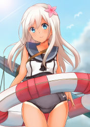 Rule 34 | 10s, 1girl, bare legs, blonde hair, blue eyes, flower, hair flower, hair ornament, highres, hinauri (nurupon), innertube, japanese flag, kantai collection, lifebuoy, long hair, looking at viewer, one-piece swimsuit, ro-500 (kancolle), school swimsuit, solo, swim ring, swimsuit, swimsuit under clothes, tan, tanline, torpedo