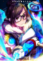 Rule 34 | 1girl, black-framed eyewear, blue gloves, breasts, brown eyes, brown hair, canister, coat, copyright name, drone, fur-trimmed jacket, fur coat, fur trim, glasses, gloves, gun, hair bun, hair ornament, hair stick, highres, holding, holding gun, holding weapon, jacket, long sleeves, looking at viewer, medium breasts, mei (overwatch), overwatch, overwatch 1, parted lips, pinochi, robot, short hair, signature, single hair bun, smile, snowball (overwatch), solo, upper body, watermark, weapon, winter clothes, winter coat
