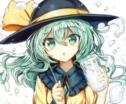 Rule 34 | 1girl, :o, bad id, bad pixiv id, bow, commentary request, cup, drinking glass, frilled shirt collar, frills, fuepo, glass, green eyes, green hair, hair between eyes, hat, hat bow, holding, holding cup, holding drinking glass, holding spoon, komeiji koishi, long hair, looking at viewer, lowres, milk, parted lips, shirt, solo, spoon, touhou, upper body, white background, yellow bow, yellow shirt