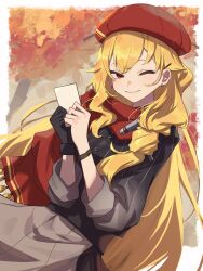 Rule 34 | 1girl, absurdres, alternate costume, autumn, beret, blonde hair, blush, border, earrings, futomoy, gloves, grey jacket, grey skirt, hair between eyes, hair ornament, hat, highres, holding, holding paper, hololive, hololive indonesia, jacket, jewelry, kaela kovalskia, long hair, looking at viewer, one eye closed, paper, red eyes, red scarf, scarf, single glove, skirt, sleeves rolled up, smile, very long hair, virtual youtuber, white border