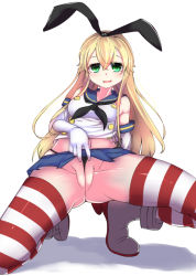 Rule 34 | 10s, 1girl, bad id, bad pixiv id, bare shoulders, black panties, blonde hair, cleft of venus, elbow gloves, gloves, green eyes, hair ribbon, highleg, highleg panties, kantai collection, looking at viewer, open mouth, panties, pussy, ribbon, shimakaze (kancolle), shirt, sleeveless, sleeveless shirt, smile, solo, squiggle, striped clothes, striped thighhighs, tenken (gotannda), thighhighs, uncensored, underwear, wedgie, white gloves