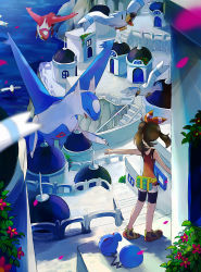 Rule 34 | 1girl, :d, azurill, bike shorts, black shorts, bow, brown hair, closed eyes, creatures (company), day, floating hair, full body, game freak, gen 3 pokemon, hair bow, latias, latios, legendary pokemon, may (pokemon), nintendo, open mouth, outdoors, outstretched arms, pokemon, pokemon (creature), pokemon oras, popcorn 91, reaching, red shirt, shirt, short shorts, shorts, sleeveless, sleeveless shirt, smile, striped, striped bow, twintails, wingull