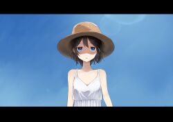 Rule 34 | 1girl, absurdres, bare shoulders, black hair, blue eyes, blue sky, brown hat, collarbone, commentary request, day, dress, hair between eyes, hat, highres, lens flare, letterboxed, looking at viewer, mishima ryo, original, outdoors, parted lips, shaded face, sky, sleeveless, sleeveless dress, solo, sun hat, white dress