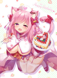 Rule 34 | 1girl, animal ear fluff, animal ears, bell, birthday, birthday cake, blush, bow, breasts, cake, cat ears, cat girl, cat tail, chibi, chibi inset, commission, fingernails, floral print, food, fork, fruit, fruit background, hair belt, hair bow, half-closed eyes, happy birthday, hat, heart, heart-shaped cake, heart print, high heels, highres, holding, holding fork, holding plate, indie virtual youtuber, large breasts, medium bangs, miyano ururu, mole, mole on breast, nail polish, neck bell, nurse cap, open mouth, pink eyes, pink footwear, pink garter straps, pink hair, pink nails, pink tail, pink theme, plate, pumps, red bow, signature, skeb commission, smile, solo, strawberry, tail, tail bow, tail ornament, tenshouin himeno, thighhighs, thighs, virtual youtuber, white background, white hat, white thighhighs
