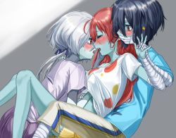 Rule 34 | 10s, 3girls, after kiss, ahoge, bad id, bad pixiv id, bandages, black hair, blue skin, blush, grabbing another&#039;s breast, closed eyes, colored skin, girl sandwich, grabbing, groping, hair between eyes, hair ornament, highres, interlocked fingers, konno junko, long hair, low twintails, minamoto sakura, mizuno ai, multiple girls, open mouth, patchwork skin, red eyes, red hair, saliva, saliva trail, sandwiched, scar, scar on face, scar on forehead, shirt, short hair, short sleeves, side ponytail, stitches, sweat, t-shirt, tamayume, twintails, white hair, yuri, zombie, zombie land saga