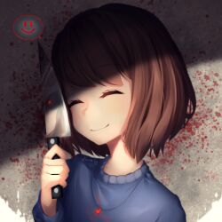 Rule 34 | 1other, absurdres, artist name, black sclera, blood, blood on wall, blue sweater, brown hair, closed eyes, closed mouth, colored sclera, commentary, english commentary, frisk (undertale), hand up, heart, heart necklace, highres, holding, holding weapon, jewelry, knife, long sleeves, necklace, puffy long sleeves, puffy sleeves, red eyes, reflection, sasoura, shadow, short hair, smile, solo, speech bubble, sweater, undertale, upper body, wall, weapon, white background, | |