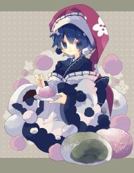 Rule 34 | 1girl, :3, adapted costume, black kimono, blue eyes, blue hair, commentary, doremy sweet, dream soul, floral print, food, hat, highres, holding, holding plate, japanese clothes, jitome, kimono, long sleeves, mochi, nightcap, nikorashi-ka, oversized food, oversized object, plate, polka dot, polka dot background, pom pom (clothes), print headwear, red hat, short hair, solo, touhou, wide sleeves