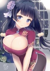 Rule 34 | 1girl, ahoge, black hair, black pantyhose, blue eyes, blunt bangs, blush, breasts, china dress, chinese clothes, cleavage cutout, clothing cutout, dress, floral print, flower, hair flower, hair ornament, indoors, large breasts, leaning forward, long hair, low twintails, original, pantyhose, pelvic curtain, pom pom (clothes), pom pom hair ornament, red dress, round window, short sleeves, side slit, solo, tougo, twintails, window