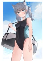 Rule 34 | 1girl, :o, absurdres, animal ears, arm at side, bag, bare arms, bare shoulders, black one-piece swimsuit, blue archive, blue eyes, blue sky, breasts, bright pupils, cat ears, cloud, collarbone, competition swimsuit, covered navel, cowboy shot, day, duffel bag, gluteal fold, groin, halo, highres, looking at viewer, medium breasts, mismatched pupils, nonddu, one-piece swimsuit, open mouth, outdoors, shiroko (blue archive), shiroko (swimsuit) (blue archive), short hair, short ponytail, shoulder bag, side ponytail, sidelocks, sky, solo, swimsuit