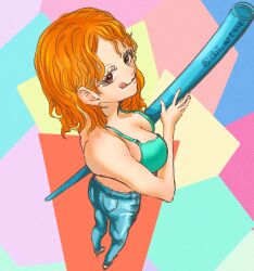 Rule 34 | 1girl, bikini, bikini top only, commentary request, denim, ebi art456, eyelashes, from above, high heels, highres, holding, holding weapon, jeans, looking at viewer, looking up, medium hair, nami (one piece), one piece, orange eyes, orange hair, pants, solo, swimsuit, tongue, tongue out, twitter username, weapon