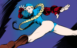 Rule 34 | 1girl, ass, blonde hair, blue eyes, boots, braid, cammy white, capcom, fingerless gloves, from behind, garrison cap, gloves, hat, simple background, solo, street fighter, twin braids