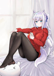 Rule 34 | 1girl, animal ear fluff, animal ears, black pantyhose, can142857, cat ears, cat girl, feet, foot on head, full body, highres, legs, long hair, looking at viewer, no shoes, noripro, pantyhose, red sweater, shirayuki mishiro, silver hair, sweater, tail, toes, underwear, virtual youtuber