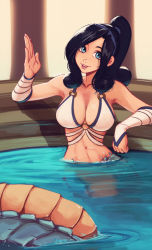 Rule 34 | 1girl, abs, absurdres, bathing, bikini, black hair, blue eyes, breasts, cleavage, fingerless gloves, gloves, headband, highres, lamia, medium breasts, monster girl, navel, open mouth, parted lips, partially submerged, pillar, ponytail, raichiyo33, smile, solo, swimsuit