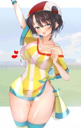 Rule 34 | 1girl, arm up, bad id, bad twitter id, black hair, blue eyes, blurry, blurry background, bottomless, breasts, collarbone, covered navel, cowboy shot, gluteal fold, groin, hair between eyes, hat, heart, highres, hololive, large breasts, looking at viewer, multicolored clothes, multicolored hat, multicolored legwear, multicolored shirt, no bra, no panties, off shoulder, oozora subaru, open mouth, shirt, short hair, sidelocks, solo, striped clothes, striped shirt, striped thighhighs, thighhighs, thighs, virtual youtuber