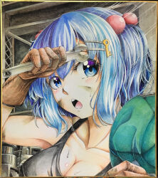 Rule 34 | 1girl, 283win, acrylic paint (medium), blue eyes, blue hair, breasts, cleavage, collarbone, green headwear, hair bobbles, hair ornament, holding, holding wrench, indoors, kawashiro nitori, key hair ornament, large breasts, looking at viewer, open mouth, painting (medium), photo (medium), shikishi, short hair, solo, teeth, touhou, traditional media, two side up, upper body, upper teeth only, wrench