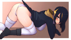 Rule 34 | 10s, 1girl, all fours, ass, black footwear, black hair, black jacket, blush, boots, border, breasts, brown eyes, emperor penguin (kemono friends), gradient background, hair over one eye, headphones, hood, hoodie, jacket, kemono friends, large breasts, leotard, long hair, looking at viewer, looking to the side, multicolored hair, open clothes, open jacket, parted lips, solo, streaked hair, tail, thighhighs, thighs, white border, white leotard, white thighhighs, whoosaku