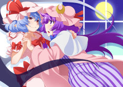 Rule 34 | 2girls, bat wings, blue hair, blush, capelet, coat, crescent, dress, eichi yuu, eye contact, fang, full moon, gloves, hat, hat ribbon, highres, holding hands, interlocked fingers, long hair, long sleeves, looking at another, mob cap, moon, multiple girls, open clothes, open coat, open mouth, patchouli knowledge, pink dress, pointy ears, puffy short sleeves, puffy sleeves, purple dress, purple eyes, purple hair, red gloves, remilia scarlet, ribbon, short sleeves, sky, smile, star (sky), starry sky, striped clothes, striped dress, touhou, very long hair, wide sleeves, window, wings, yuri