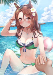 Rule 34 | 1girl, animal ears, arm behind head, arm up, bare arms, bare shoulders, bikini, blush, breasts, brown hair, cleavage, closed mouth, collarbone, commentary request, day, feet out of frame, flower, frilled bikini, frills, green bikini, hair between eyes, hair flower, hair ornament, hairclip, highres, horizon, horse ears, horse girl, horse tail, king halo (umamusume), knee up, long hair, looking at viewer, medium breasts, ocean, out of frame, outdoors, parted bangs, pov, red eyes, shaka (staito0515), shallow water, sitting, solo focus, swimsuit, tail, umamusume, v-shaped eyebrows, water, white flower