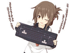 Rule 34 | 10s, 1girl, bespectacled, brown eyes, brown hair, collarbone, folded ponytail, glasses, inazuma (kancolle), kantai collection, keyboard, kisaragi yuu (re:lucks), looking at viewer, one eye closed, school uniform, translation request