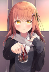 Rule 34 | 1girl, bad id, bad pixiv id, black cardigan, black jacket, blazer, blush, braid, brown hair, cardigan, closed mouth, collared shirt, commentary request, gift, hair ornament, hairclip, hand up, highres, holding, holding gift, indoors, jacket, long hair, long sleeves, looking at viewer, open clothes, open jacket, original, sasahara wakaba, scarf, school uniform, shirt, sleeves past wrists, solo, sunset, upper body, white scarf, white shirt, yellow eyes