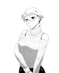 Rule 34 | 1girl, asper kanojo, black hair, black pants, blonde hair, brown eyes, closed mouth, glasses, greyscale, highres, long hair, looking at viewer, monochrome, multicolored hair, pants, saitou megumi, serious, shirt, simple background, solo, two-tone hair, white background, yellow shirt