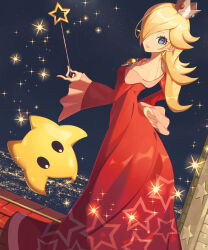 Rule 34 | 1girl, alternate color, bare shoulders, blonde hair, blue eyes, breasts, brooch, city lights, closed mouth, collarbone, crown, dress, dutch angle, earrings, eyelashes, frilled sleeves, frills, gem, hair over one eye, hand up, highres, holding, holding wand, jewelry, lips, long dress, long hair, long sleeves, looking at viewer, looking back, luma (mario), mario (series), mini crown, miri (cherryjelly), night, night sky, nintendo, off-shoulder dress, off shoulder, one eye covered, parted bangs, print dress, red dress, rosalina, sidelocks, sky, smile, standing, star (sky), star (symbol), star brooch, star earrings, star print, star wand, starry sky, super mario galaxy, super smash bros., swept bangs, wand, wide sleeves