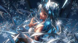 Rule 34 | 1girl, absurdres, bare shoulders, blue eyes, closed mouth, diadem, diamond (gemstone), dress, earrings, fingernails, from side, hand up, highres, jewelry, lilithbloody, long hair, original, snowflake earrings, snowflakes, solo, white dress, white hair