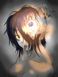 Rule 34 | 1girl, :p, artificial eye, black hair, black nails, breasts, coppelion, earrings, fingernails, fog, glowing, glowing eye, heterochromia, ichikawa meisa, jewelry, long fingernails, looking at viewer, m o (prftz), nail polish, nipples, nude, open skull, radiation symbol, side ponytail, small breasts, solo, symbol-shaped pupils, tongue, tongue out, upper body