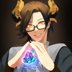 Rule 34 | 1boy, artist name, azhdaha (genshin impact), black nails, brown background, brown hair, chinese clothes, commentary request, crystal, dragon horns, ellmyr, floating card, genshin impact, glasses, highres, horns, nail polish, open mouth, own hands together, parted bangs, short hair, simple background, slit pupils, smile, solo, yellow eyes