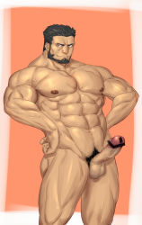 Rule 34 | 1boy, abs, bara, censored, erection, highres, looking at viewer, male focus, muscular, nude, pectorals, penis, ponkotsu (artist), smile, solo, testicles