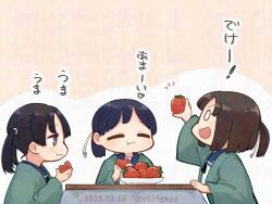 :3 black_hair blush chibi closed_eyes commentary_request daitou_(kancolle) eating food fruit hiburi_(kancolle) holding japanese_clothes kantai_collection kirigaya_yuuji long_sleeves multiple_girls open_mouth plate ponytail sailor_collar short_twintails shounan_(kancolle) simple_background strawberry translation_request twintails wide_sleeves