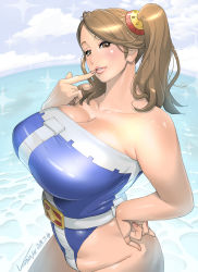 Rule 34 | 1girl, bare shoulders, beach, belt, blue one-piece swimsuit, breasts, brown eyes, brown hair, casual one-piece swimsuit, cleavage, cloud, collarbone, commentary request, cowboy shot, dated, day, finger to mouth, fisheye, gundam, gundam build fighters, gundam build fighters try, hand on own hip, highres, huge breasts, kotoyoshi yumisuke, lips, looking at viewer, looking to the side, mature female, ocean, one-piece swimsuit, outdoors, parted lips, plump, sazaki kaoruko, signature, sky, smile, solo, strapless, strapless one-piece swimsuit, swimsuit, thick arms, twintails, water