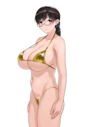 Rule 34 | 1girl, absurdres, bikini, breasts, brown eyes, brown hair, cowboy shot, expressionless, glasses, gold bikini, hair ribbon, highres, large breasts, long hair, looking at viewer, micro bikini, naga 1illust, original, ponytail, ribbon, simple background, solo, standing, swimsuit, white background