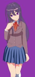 Rule 34 | 1girl, arm at side, blazer, blue skirt, breasts, buttons, closed mouth, deviantjam, doki doki literature club, eyebrows hidden by hair, female focus, grey jacket, hair between eyes, hair ornament, hairclip, hand in own hair, head tilt, highres, jacket, legs, long hair, long sleeves, looking away, looking down, medium breasts, miniskirt, neck ribbon, orange vest, playing with own hair, pleated skirt, purple background, purple eyes, purple hair, purple headwear, red ribbon, ribbon, school uniform, shirt, shy, sidelocks, simple background, skirt, smile, solo, standing, very long hair, vest, white legwear, white shirt, wing collar, yuri (doki doki literature club)