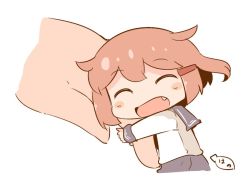 Rule 34 | 10s, 1girl, artist name, blush stickers, brown hair, chibi, closed eyes, commentary request, fang, finger hug, hair ornament, hairclip, hanomido, ikazuchi (kancolle), kantai collection, long sleeves, mini person, minigirl, open mouth, school uniform, serafuku, short hair, simple background, solo focus, white background