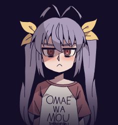 Rule 34 | 1girl, :&lt;, blush, casual, closed mouth, clothes writing, commentary request, expressionless, hair between eyes, hair ribbon, karepack, looking at viewer, miyauchi renge, non non biyori, purple background, purple hair, red eyes, ribbon, shirt, short sleeves, simple background, solo, t-shirt, translation request, twintails, upper body