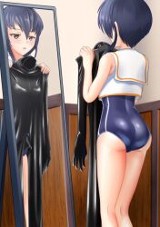 Rule 34 | 1girl, ass, asymmetrical hair, black bodysuit, black hair, blue one-piece swimsuit, bodysuit, brown eyes, commentary request, crop top, feet out of frame, hair between eyes, holding, holding clothes, i-13 (kancolle), kantai collection, latex, latex bodysuit, looking at mirror, mirror, one-piece swimsuit, sailor collar, school swimsuit, shirt, short hair, sleeveless, sleeveless shirt, solo, swimsuit, tsurime, wata nuki, white sailor collar, white shirt