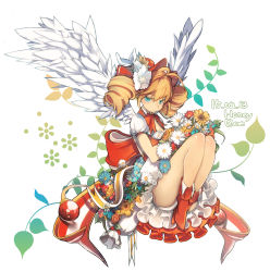 Rule 34 | 1girl, absurdres, ankle boots, antenna hair, artist name, bad id, bad pixiv id, blue eyes, boots, dated, drill hair, feathered wings, flower, frills, full body, highres, honey bee (bancoth), hugging own legs, legs together, long hair, orange hair, original, petticoat, puffy short sleeves, puffy sleeves, short sleeves, sitting, solo, twin drills, wings