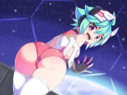 Rule 34 | 1girl, aqua hair, ass, azure striker gunvolt, bare shoulders, blush, breasts, cameltoe, cougar (cougar1404), fingerless gloves, from behind, from below, gloves, headgear, leotard, looking at viewer, looking back, looking down, medium breasts, open mouth, purple eyes, roro (gunvolt), shiny clothes, shiny skin, short hair, sideboob, smile, solo, thighhighs