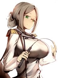 Rule 34 | 10s, 1girl, 8gou, breasts, brown hair, epaulettes, glasses, gloves, green eyes, highres, holding, kantai collection, katori (kancolle), large breasts, long sleeves, military, military uniform, necktie, riding crop, short hair, simple background, smile, solo, uniform, white background, white gloves