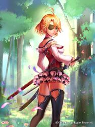 Rule 34 | 1girl, ahoge, belt, black thighhighs, blonde hair, blue eyes, company name, day, eyepatch, fantasy, forest, frilled skirt, frills, gensou michiru, holding, holding sword, holding weapon, looking back, nature, official art, outdoors, seisen cerberus, sheath, short hair, skirt, standing, sunlight, sword, thighhighs, tree, weapon