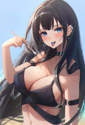 Rule 34 | 1girl, absurdres, amane sora, arm strap, bikini, black bikini, black choker, black hair, blue eyes, blush, breasts, choker, cleavage, ear piercing, highres, holding, large breasts, long hair, looking at viewer, mole, mole on breast, mole under eye, nail polish, navel, open mouth, original, piercing, smile, solo, sweat, swimsuit, tongue, tongue out, upper body, wet