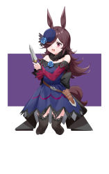 Rule 34 | 1girl, absurdres, animal ears, bad id, bad pixiv id, bare shoulders, black thighhighs, blue dress, blue flower, blue hat, blue rose, brown hair, cropped legs, dagger, dress, fang, flower, fur collar, hair over one eye, hat, hat flower, highres, holding, holding dagger, holding knife, holding weapon, horse ears, horse girl, horse tail, knife, long hair, long sleeves, off-shoulder dress, off shoulder, open mouth, purple eyes, red sleeves, rice shower (umamusume), rose, sheath, simple background, skin fang, solo, tail, thighhighs, tilted headwear, umamusume, user rcwm7244, weapon